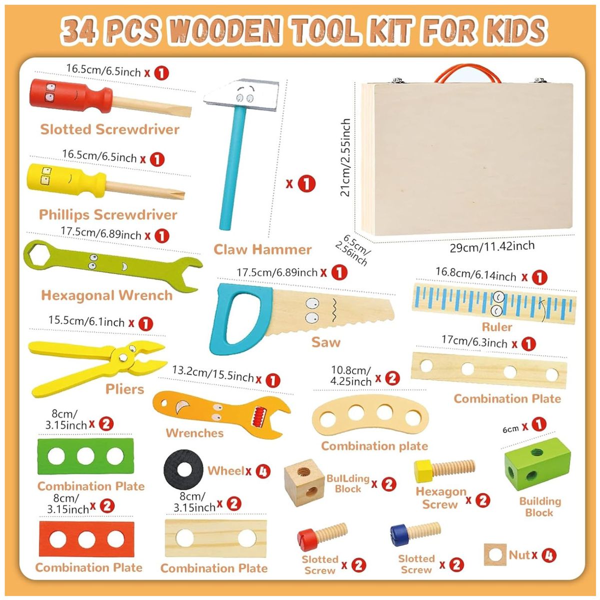 KUANGYE - Juego Didáctico Caja De Herramientas De Madera Para Niños