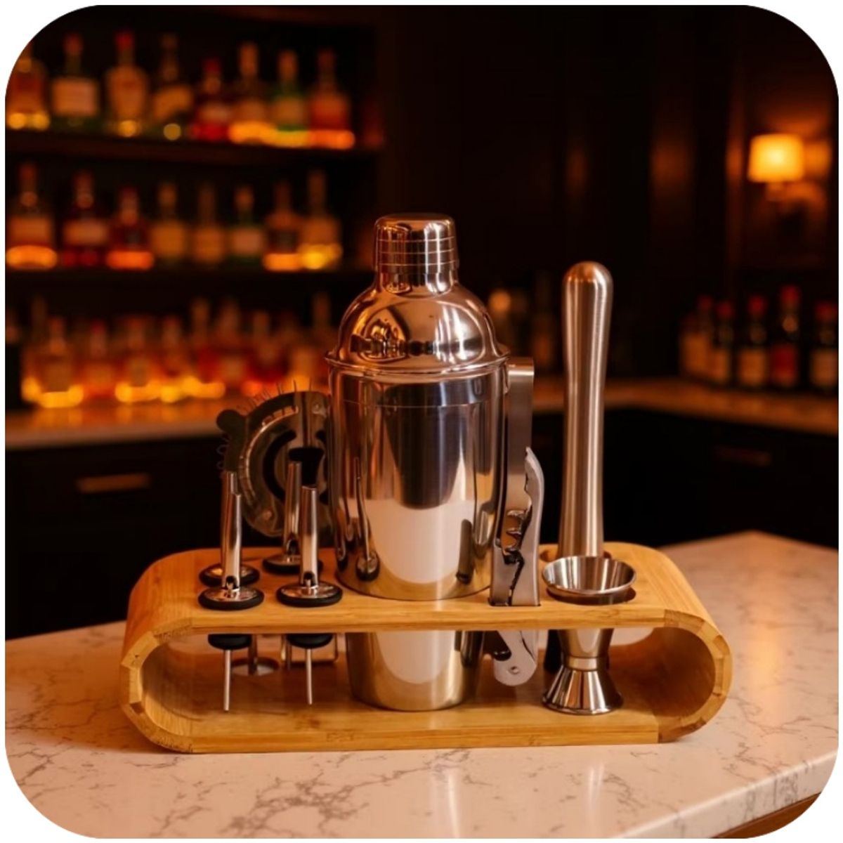 KUANGYE - Set de 12 Coctelería Metálico Rosa con Soporte Madera Bartender