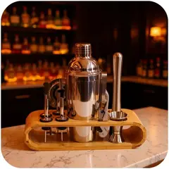KUANGYE - Set de 12 Coctelería Metálico Rosa con Soporte Madera Bartender