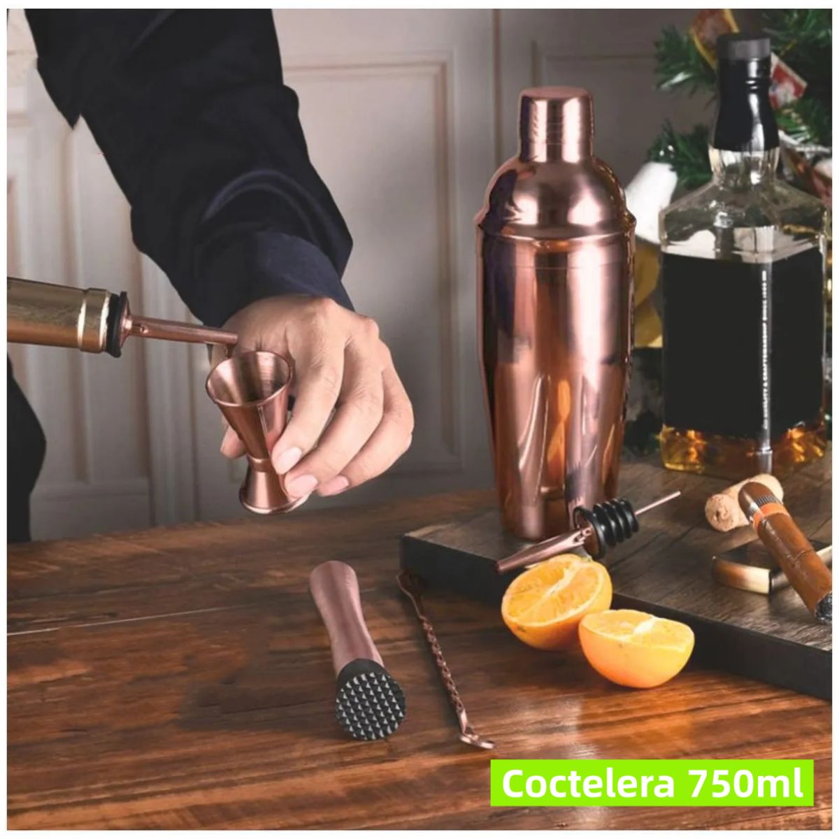 KUANGYE - Set de 12 Coctelería Metálico Rosa con Soporte Madera Bartender