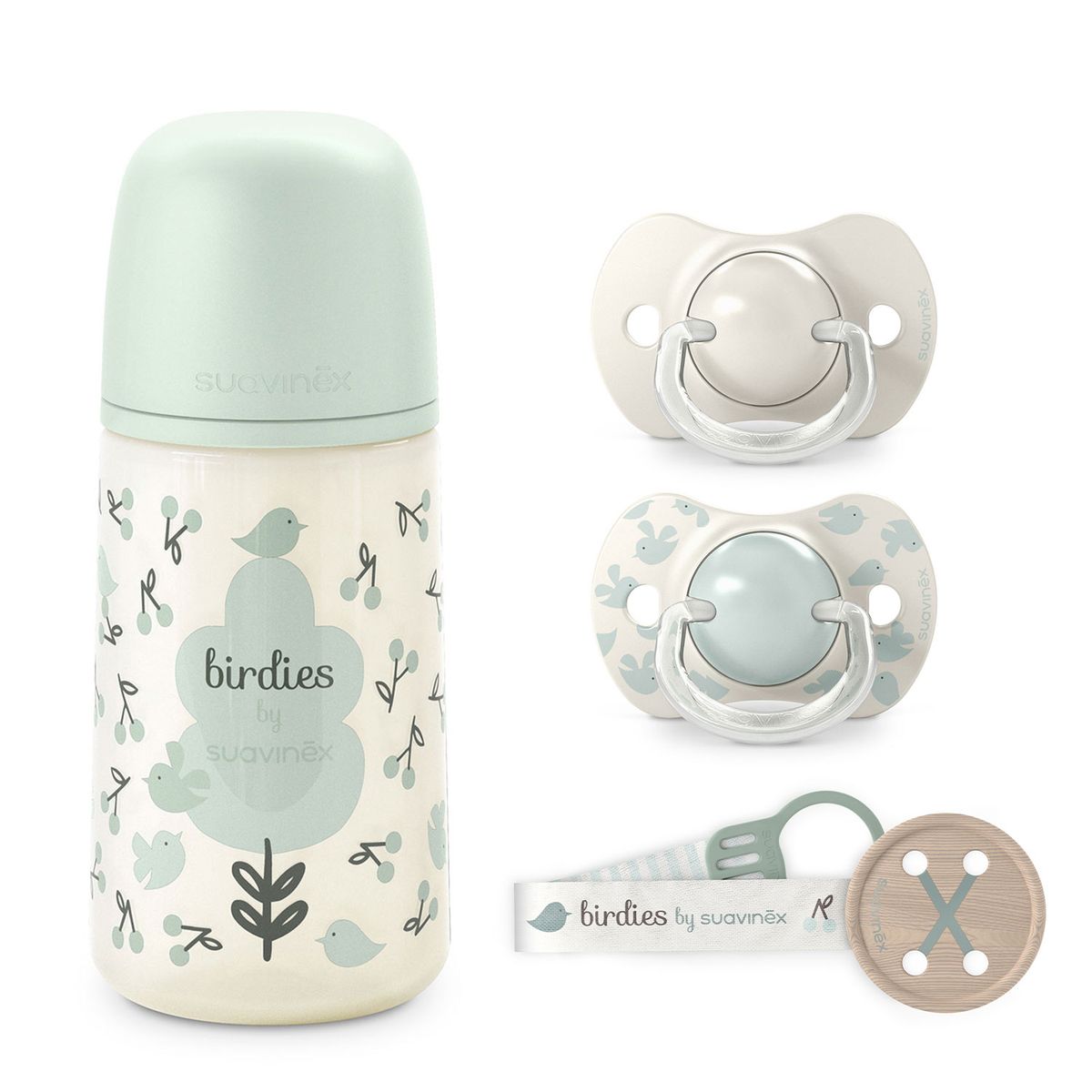 SUAVINEX - PACK CHUPETES + MAMADERA 270ML + BROCHE BIRDIES VERDE 6-18M