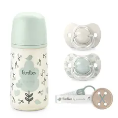 SUAVINEX - PACK CHUPETES + MAMADERA 270ML + BROCHE BIRDIES VERDE 6-18M