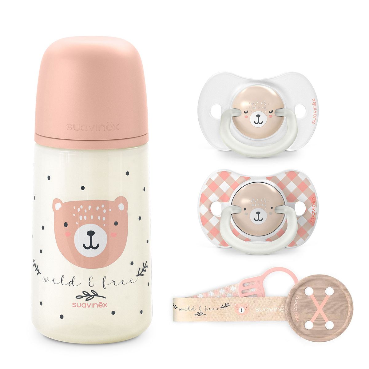 SUAVINEX - PACK CHUPETES + MAMADERA 270ML + BROCHE WILD ROSA 0-6M