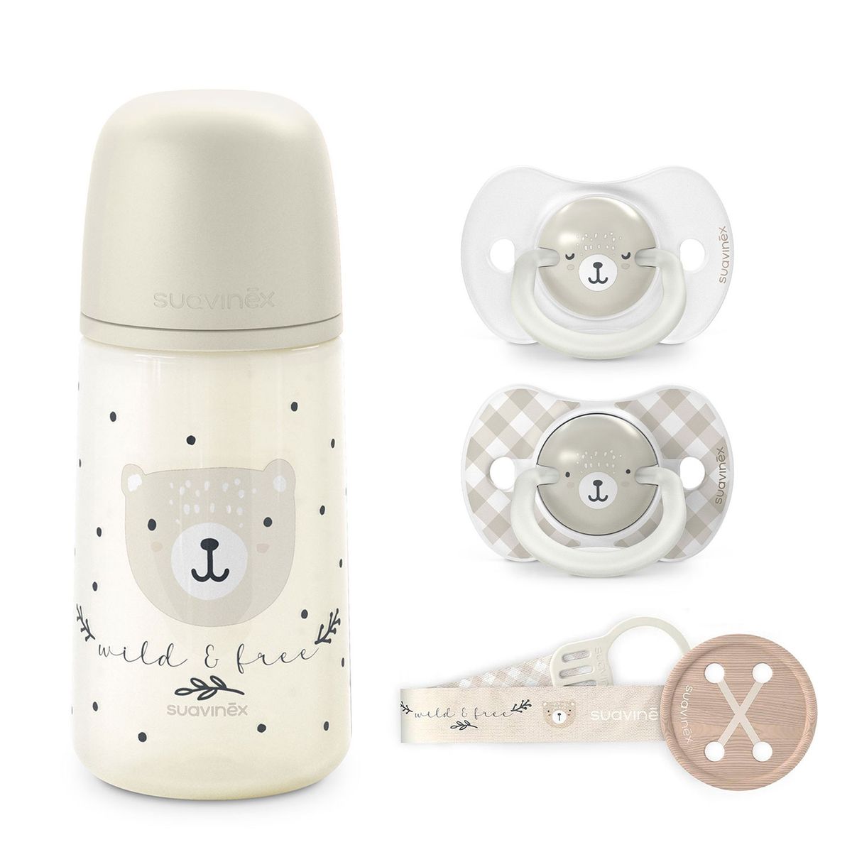 SUAVINEX - PACK CHUPETES + MAMADERA 270ML + BROCHE WILD GRIS 6-18M