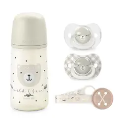 SUAVINEX - PACK CHUPETES + MAMADERA 270ML + BROCHE WILD GRIS 6-18M
