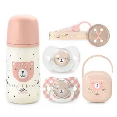 SUAVINEX - PACK CHUPETES + MAMADERA 270ML + BROCHE + PORTA CHUPETES WILD ROSA 0-6M