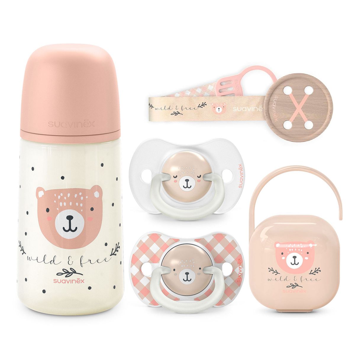 SUAVINEX - PACK CHUPETES + MAMADERA 270ML + BROCHE + PORTA CHUPETES WILD ROSA 6-18M