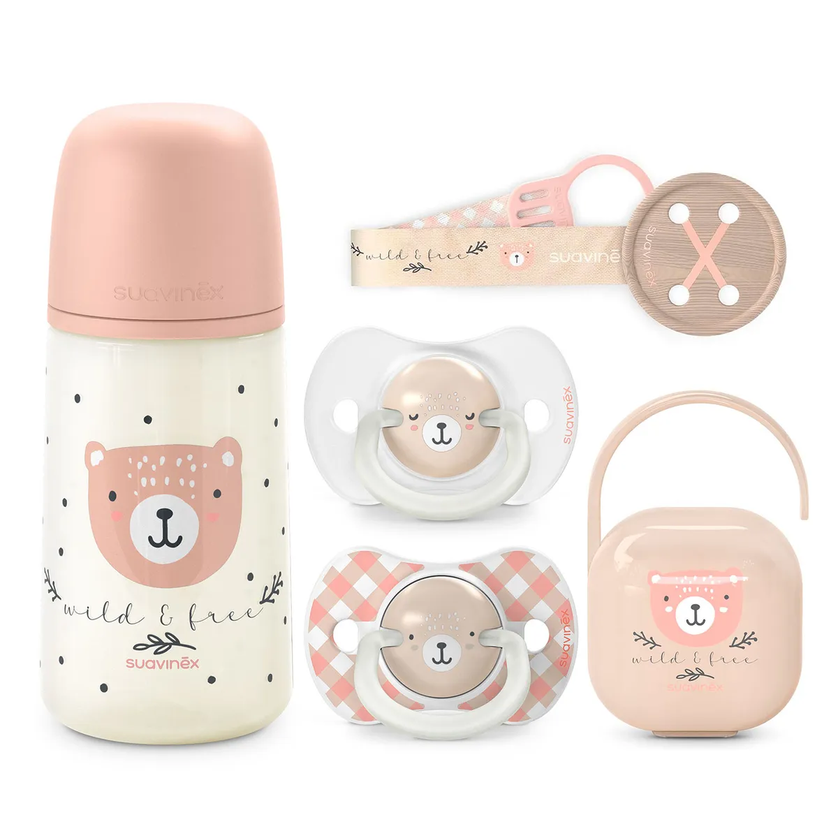 SUAVINEX - PACK CHUPETES + MAMADERA 270ML + BROCHE + PORTA CHUPETES WILD ROSA 6-18M
