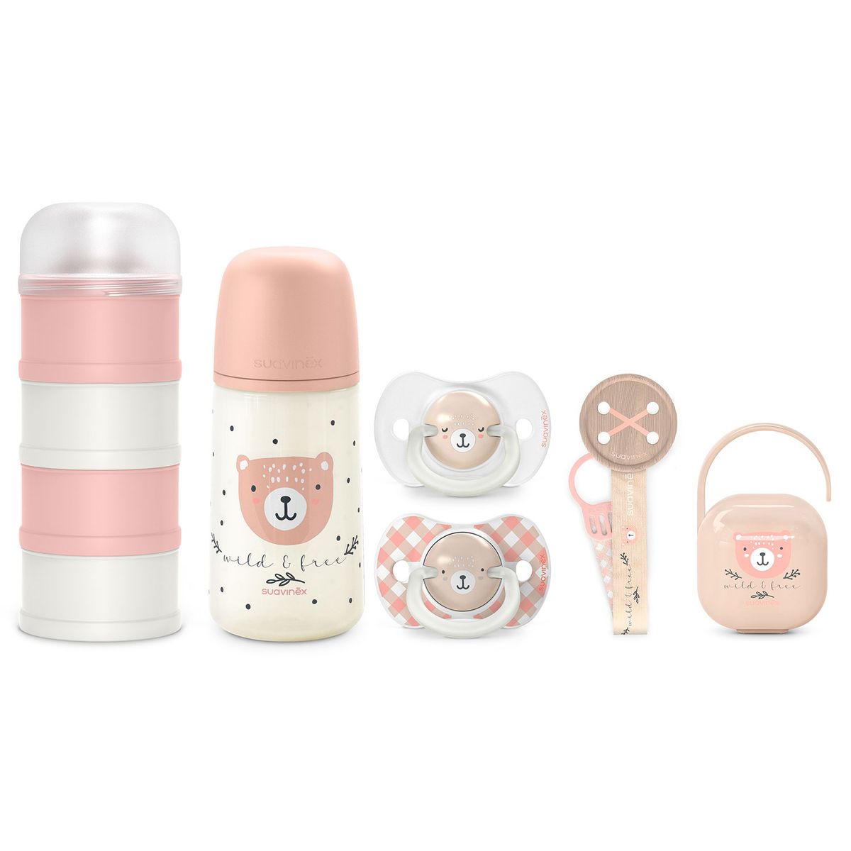 SUAVINEX - SET DOSIFICADOR + CHUPETES + MAMADERA 270ML + BROCHE + PORTA CHUPETES WILD ROSA 0-6M