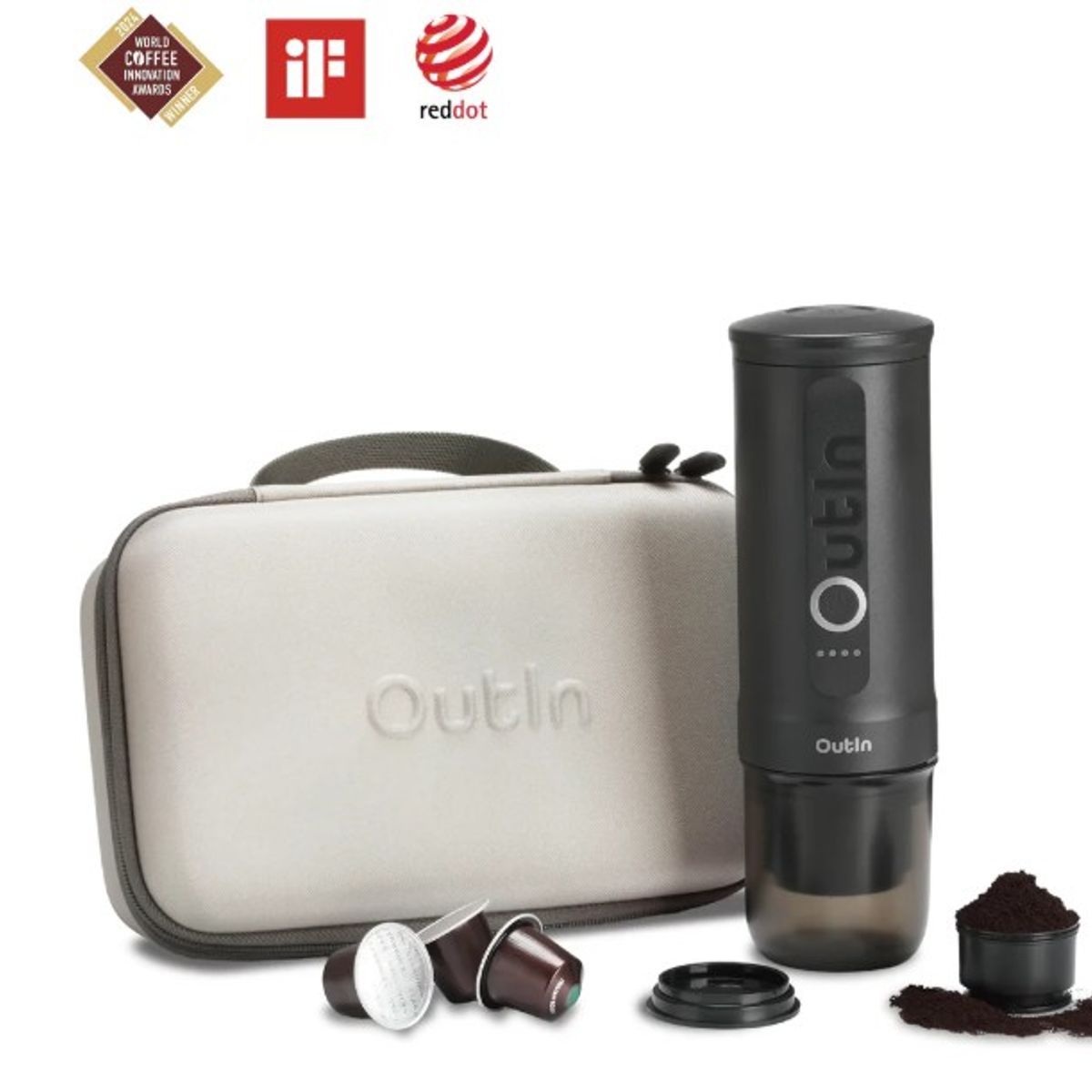 OUTIN - Set Máquina Café Espresso Outin Nano Gris Espacial + Funda