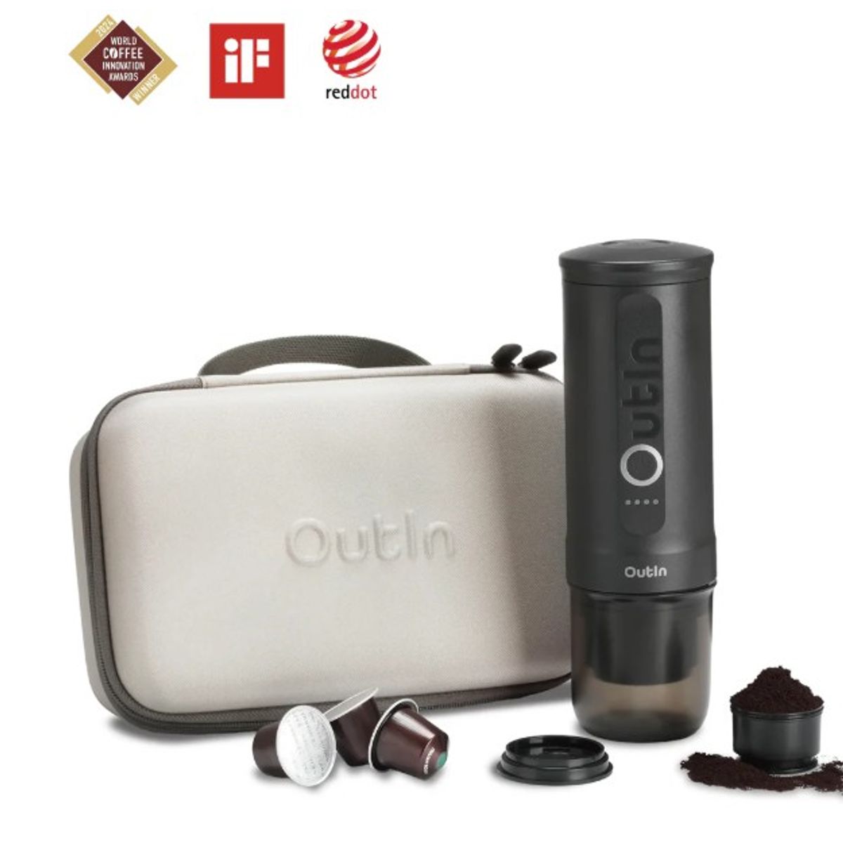 OUTIN - Set Máquina Café Espresso Outin Nano Gris Espacial + Funda