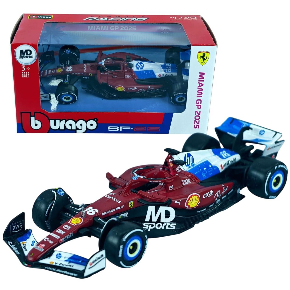 BBURAGO - Auto F1 Ferrari SF-25 GP Miami 2025 #16 Charles Leclerc Caja Normal Burago 1:43