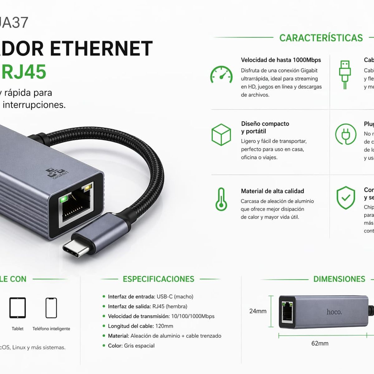 HOCO - Adaptador Ethernet USB-C a RJ45 Hoco