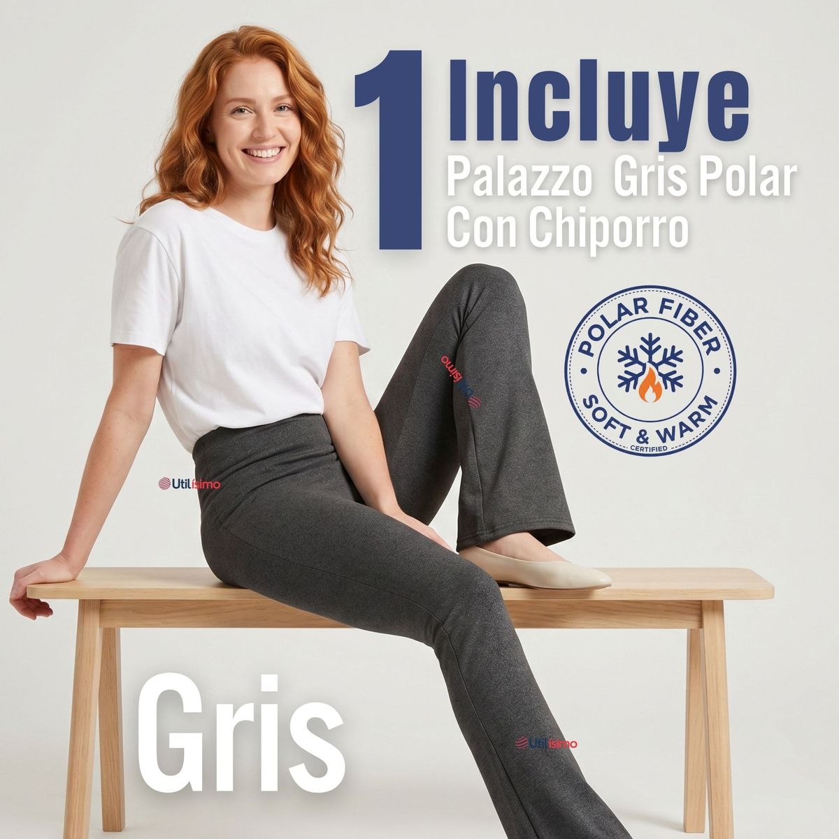 UTILISIMO - Calza Polar Con Chiporro Palazzo Mujer Elasticada Térmica Gris Oscuro