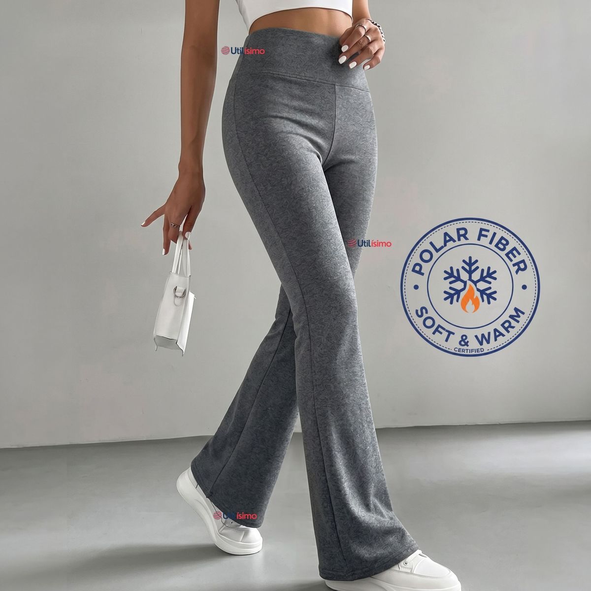 UTILISIMO - Calza Polar Con Chiporro Palazzo Mujer Elasticada Térmica Gris Oscuro