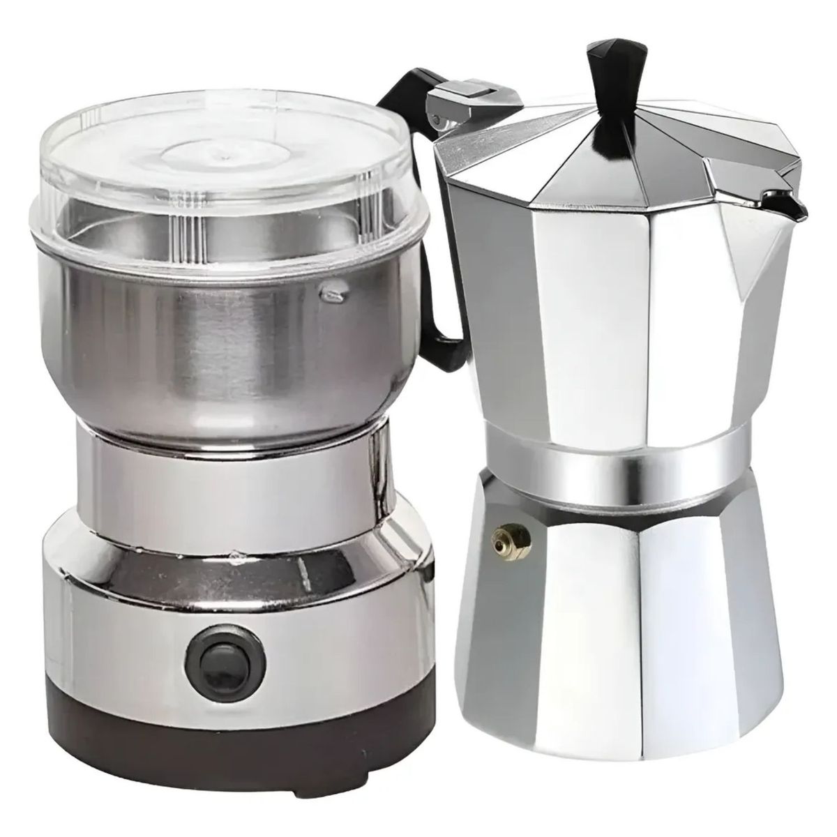 DISPARO - Moledor Eléctrico De Café + Cafetera Italiana Greca 3 Tazas Color Gris