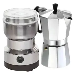 DISPARO - Moledor Eléctrico De Café + Cafetera Italiana Greca 3 Tazas Color Gris