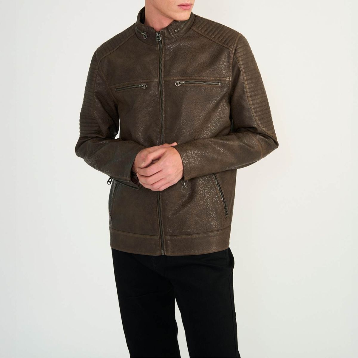 ELLUS - Chaqueta Pu Rider Dark Brown