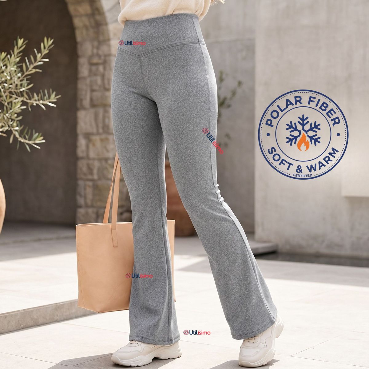 UTILISIMO - Calza Polar Con Chiporro Palazzo Mujer Elasticada Térmica Gris Melange