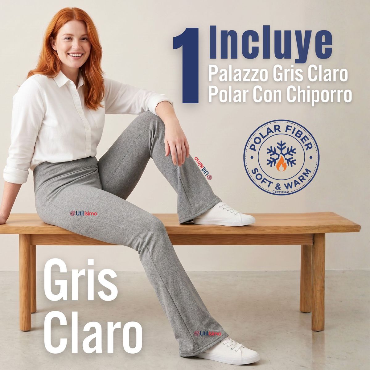 UTILISIMO - Calza Polar Con Chiporro Palazzo Mujer Elasticada Térmica Gris Melange