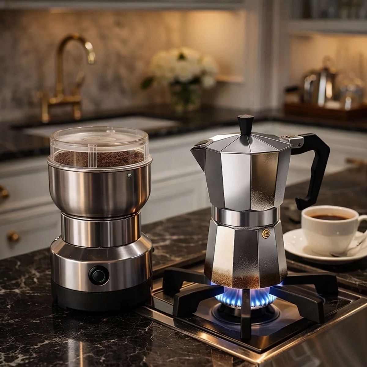 DISPARO - Moledor Eléctrico De Café + Cafetera Italiana Greca 3 Tazas Color Gris