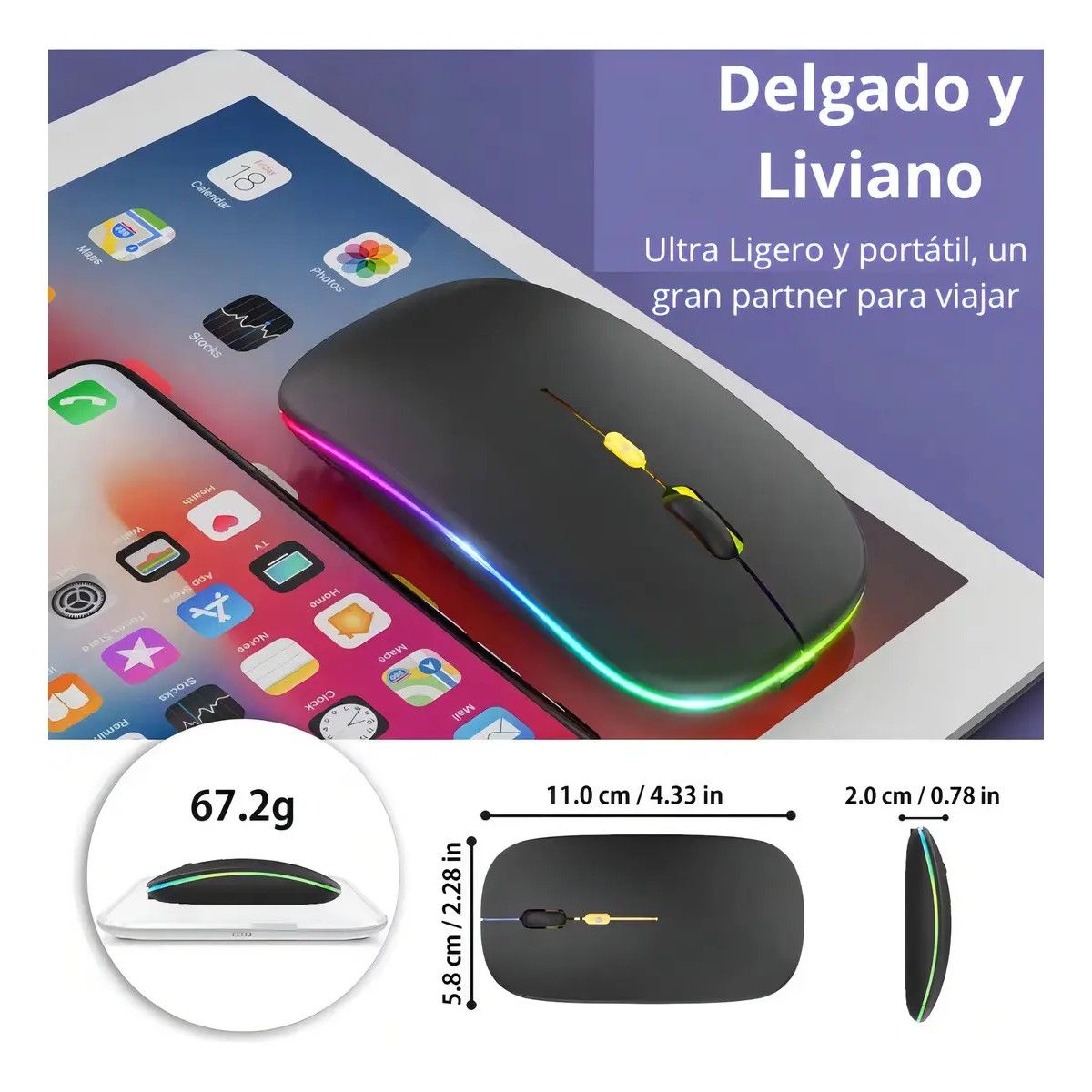 GENERICO - Mouse Inalámbrico Recargable Audeos Dual Bluetooth USB RGB 1600dpi Negro BELUG