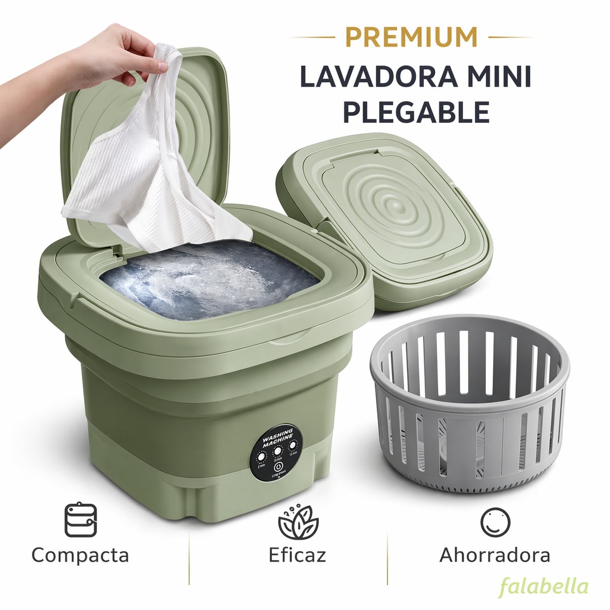 GENERICO - Lavadora Automática Plegable Portátil Lavado Rápido y Eficiente para tus Prendas Esenciales Verde