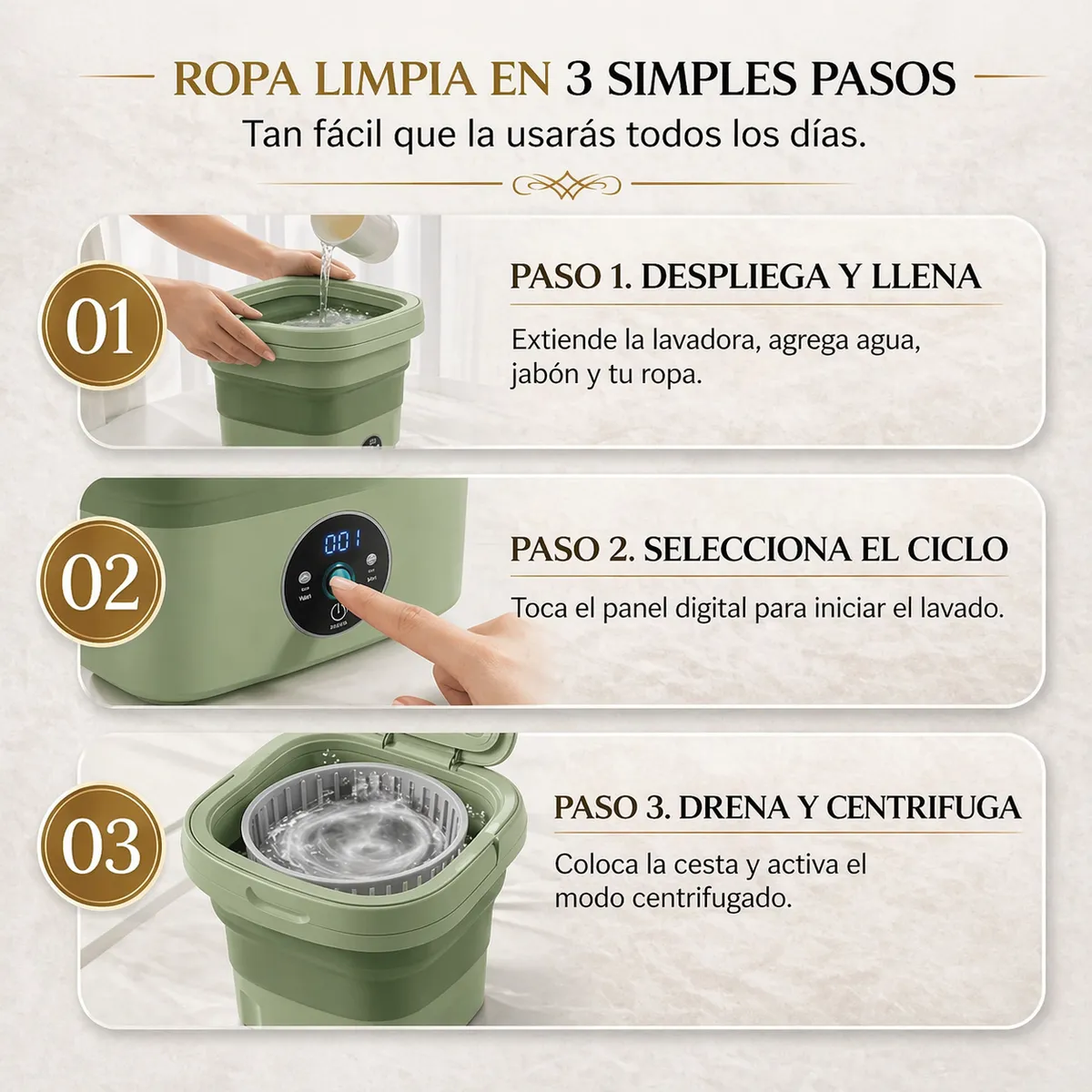 GENERICO - Lavadora Automática Plegable Portátil Lavado Rápido y Eficiente para tus Prendas Esenciales Verde