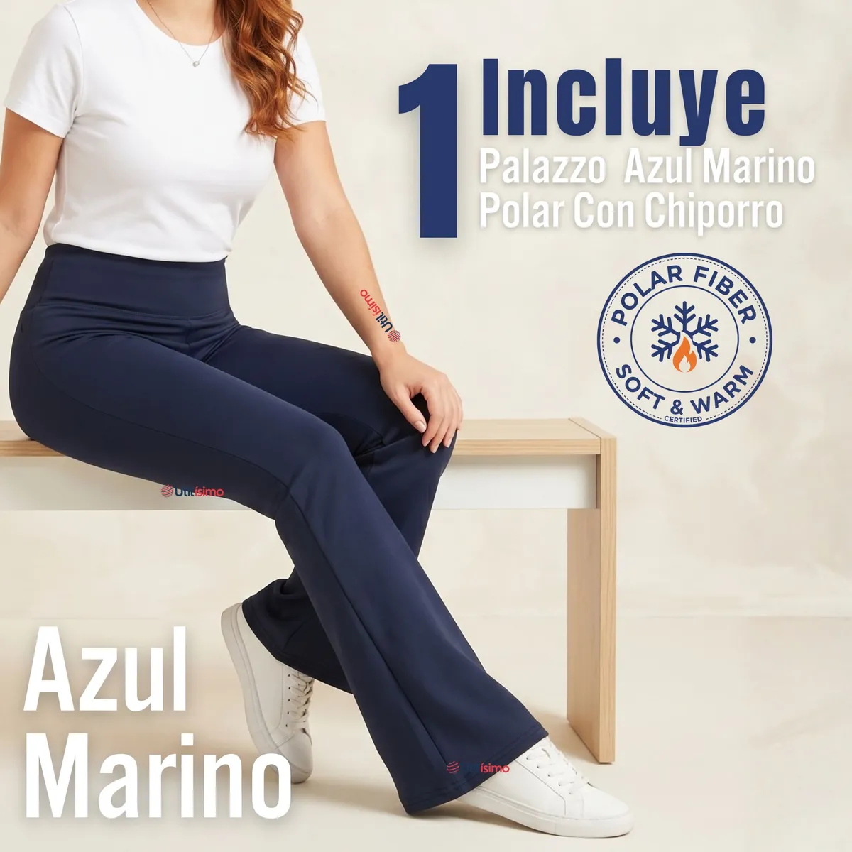 UTILISIMO - Calza Polar Con Chiporro Palazzo Mujer Elasticada Térmica Azul Marino