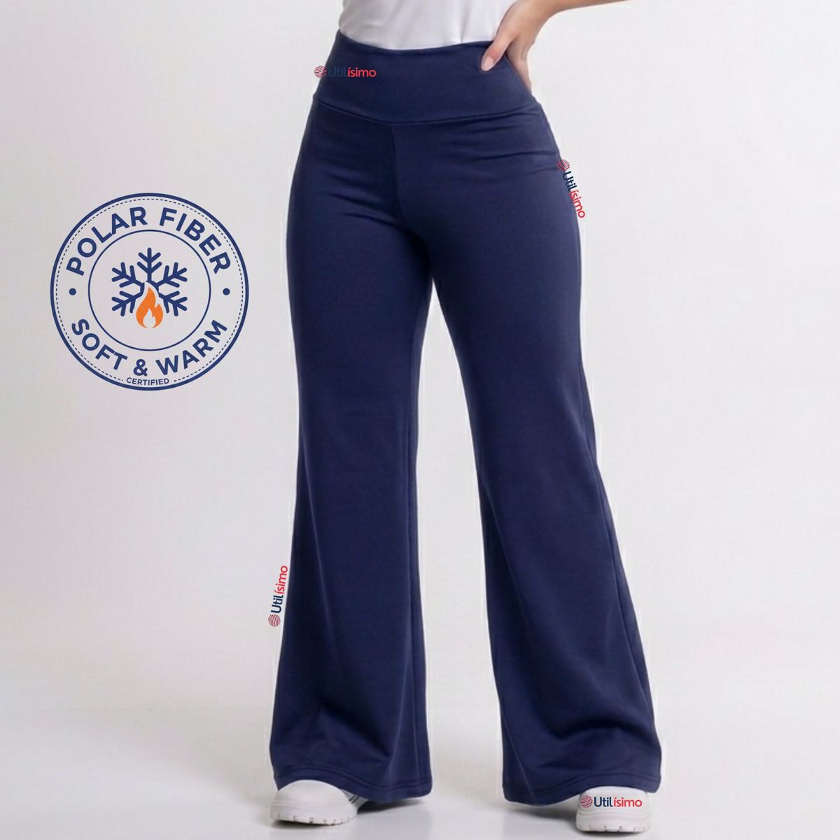 UTILISIMO - Calza Polar Con Chiporro Palazzo Mujer Elasticada Térmica Azul Marino