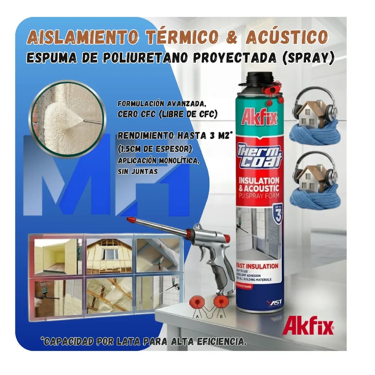 AKFIX - Pack 12 Akfix Thermcoat Espuma Aislamiento Termico Proyectad
