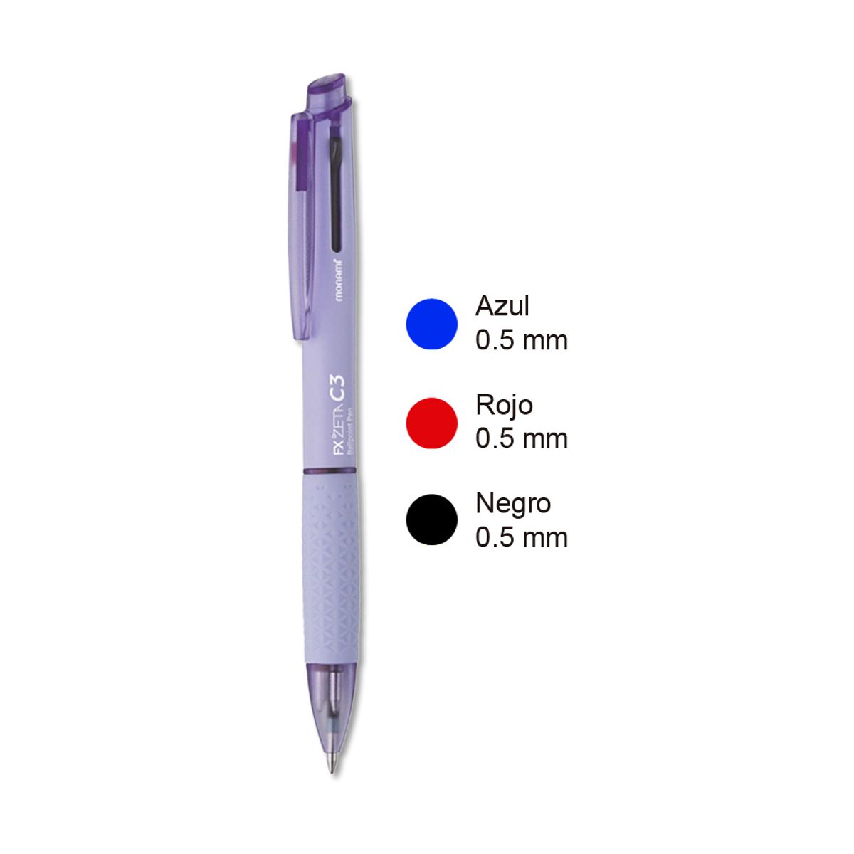 MONAMI - Lápiz Pasta Multicolor Monami FX Zeta C3 0.5mm Cuerpo Violeta Tinta Az Ng Rj