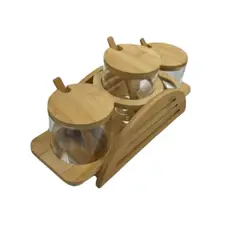 GENERICO - Set 3 Frascos Para Condimentos Vidrio Tapa Bambu Con Soporte
