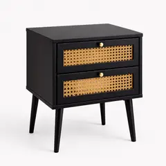 SPACE HOME - Velador Negro 2 Cajones Con Rattan 40x40x62 Cm