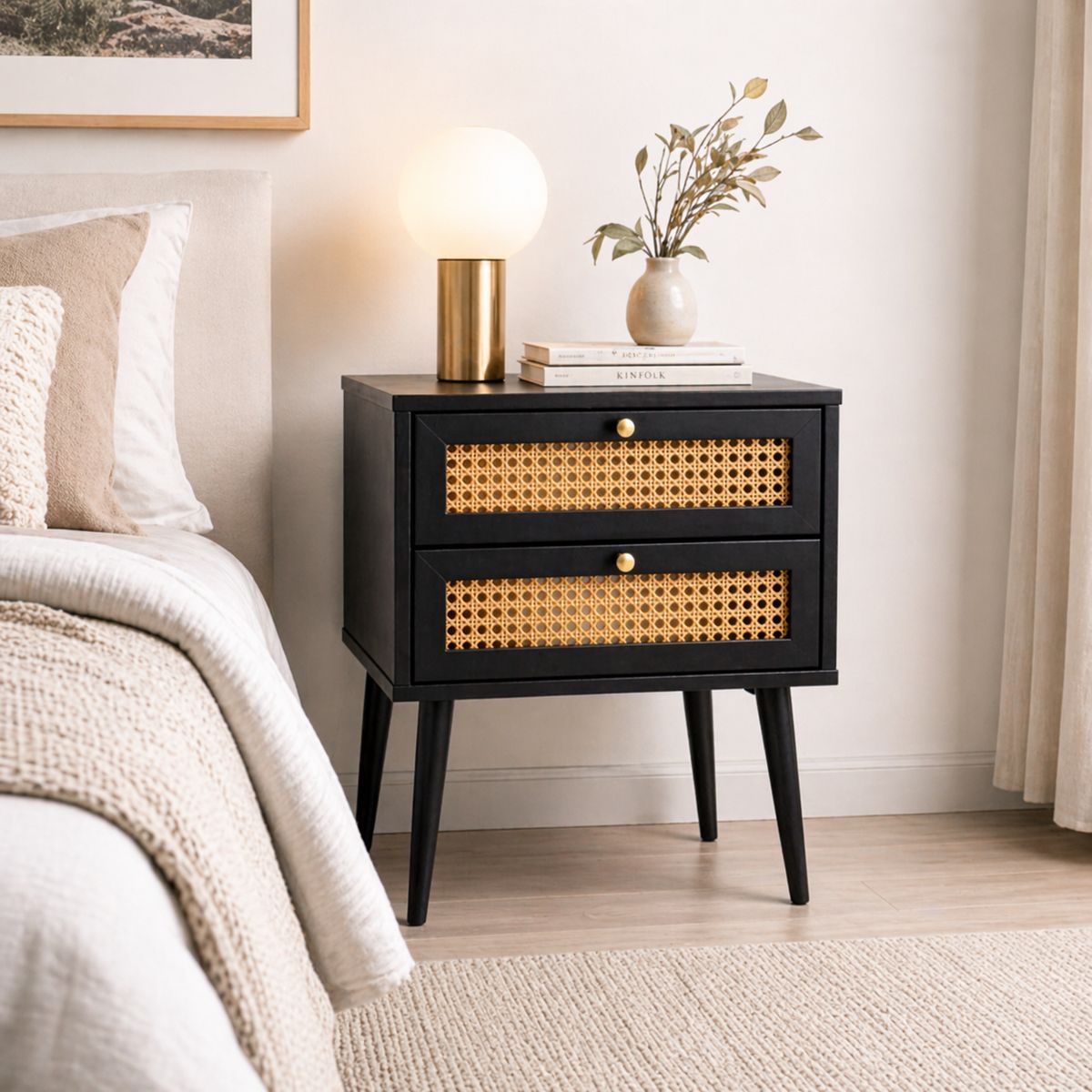 SPACE HOME - Mesa De Noche Negra Con 2 Cajones Y Estilo Moderno