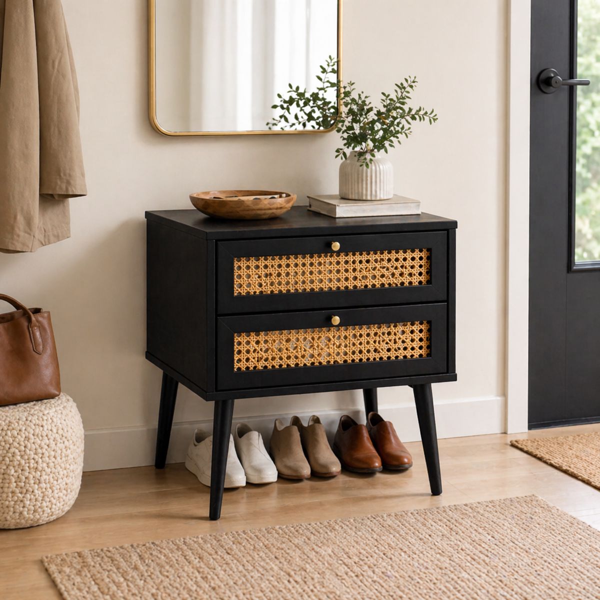 SPACE HOME - Mesa De Noche Negra Con 2 Cajones Y Estilo Moderno