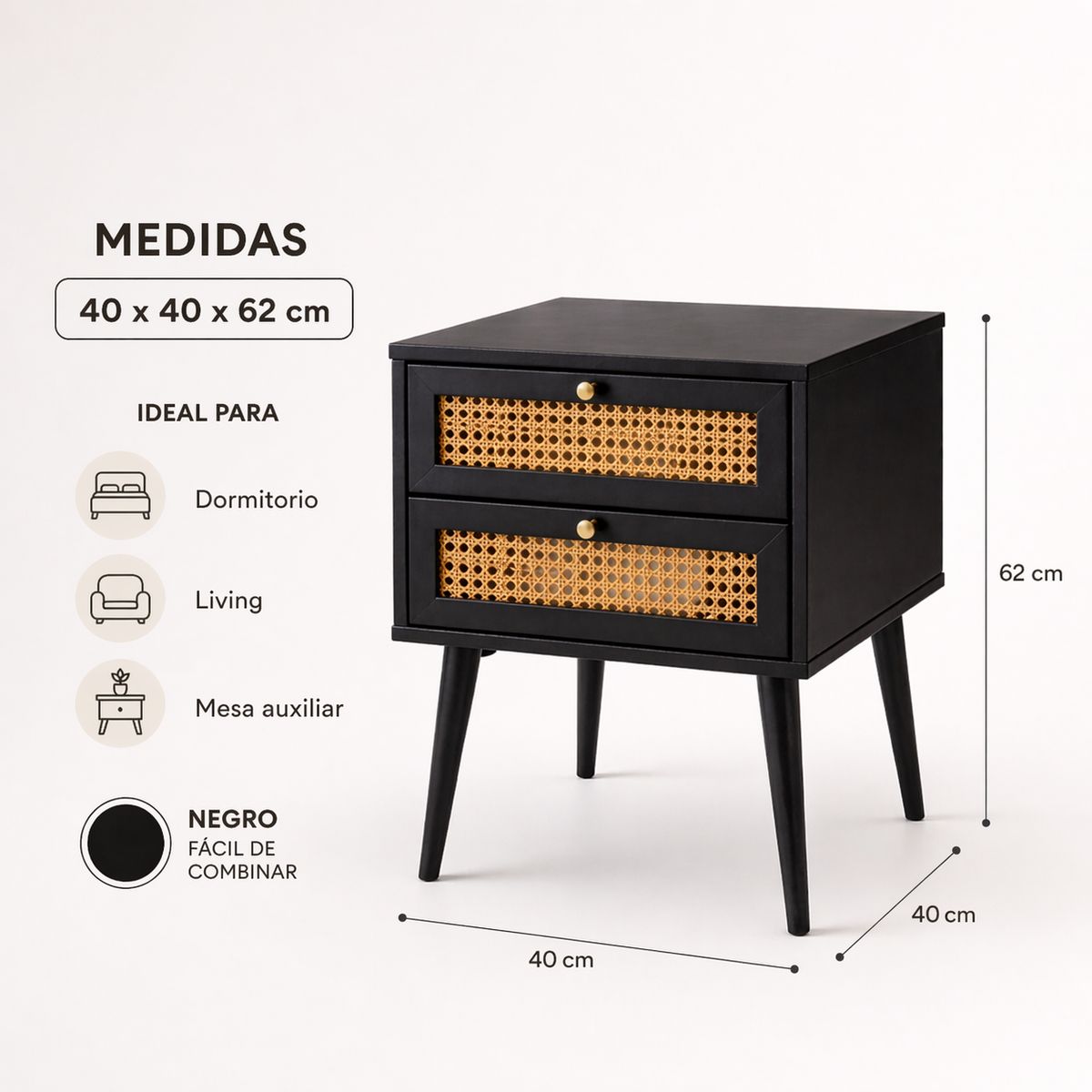 SPACE HOME - Velador Negro Con 2 Cajones Y Patas De Madera