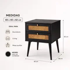 SPACE HOME - Velador Negro Con 2 Cajones Y Patas De Madera