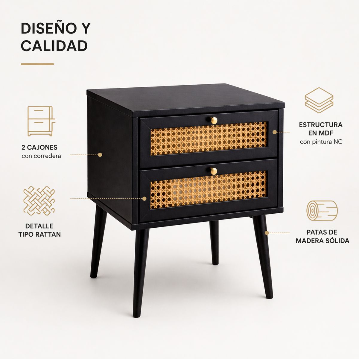 SPACE HOME - Velador Negro Con 2 Cajones Y Patas De Madera