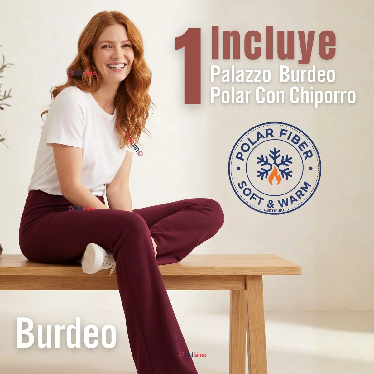 UTILISIMO - Calza Polar Con Chiporro Palazzo Mujer Elasticada Térmica Burdeo