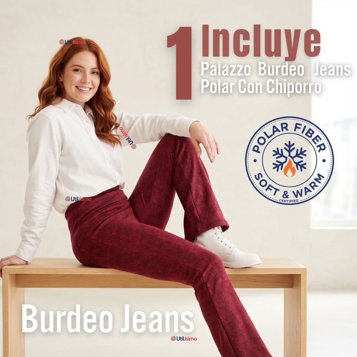UTILISIMO - Calza Polar Con Chiporro Palazzo Mujer Elasticada Térmica Burdeo Jeans