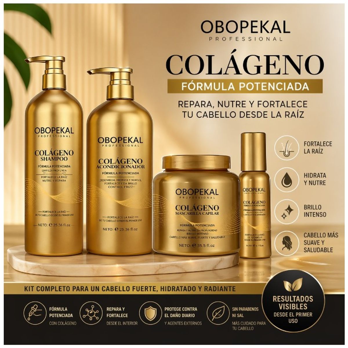 GENERICO - Pack 4 Unid Shampoo Acondicionador Crema y Serum Colageno Linea OBOPEKAL