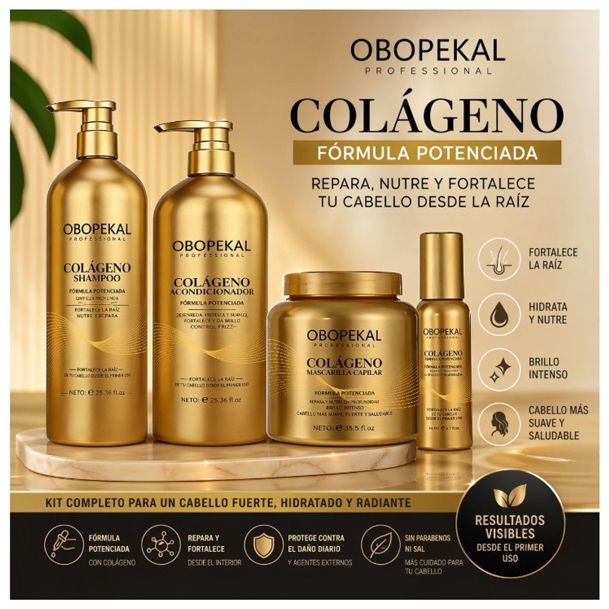 GENERICO - Pack 4 Unid Shampoo Acondicionador Crema y Serum Colageno Linea OBOPEKAL