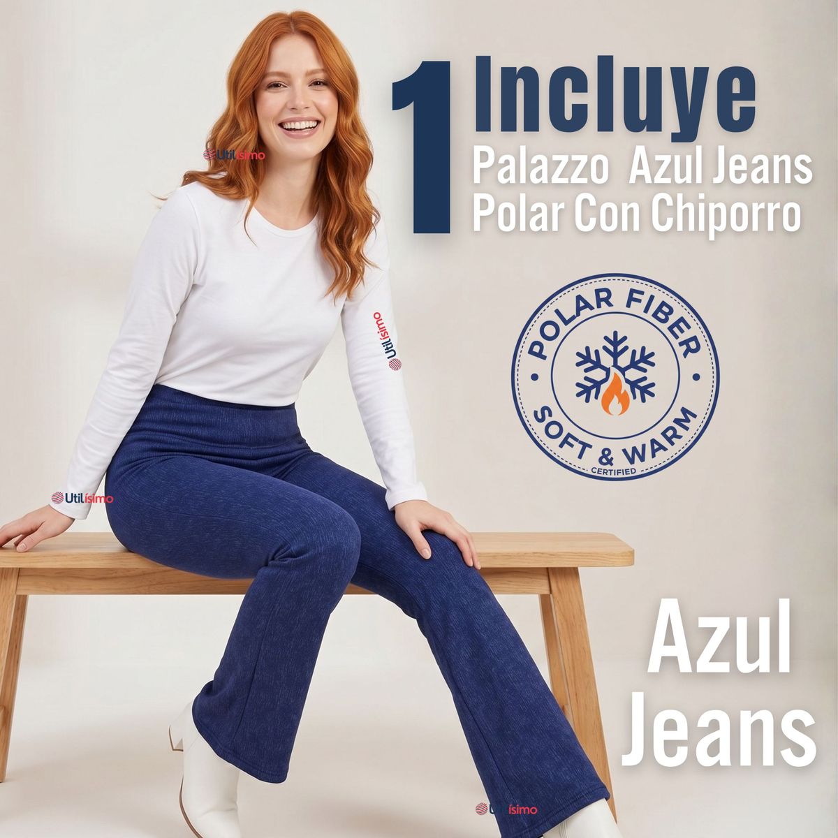 UTILISIMO - Calza Polar Con Chiporro Palazzo Mujer Elasticada Térmica Azul jeans