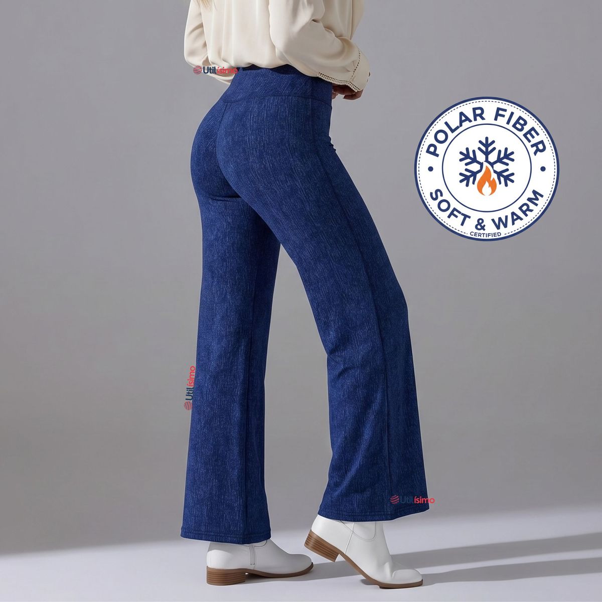 UTILISIMO - Calza Polar Con Chiporro Palazzo Mujer Elasticada Térmica Azul jeans