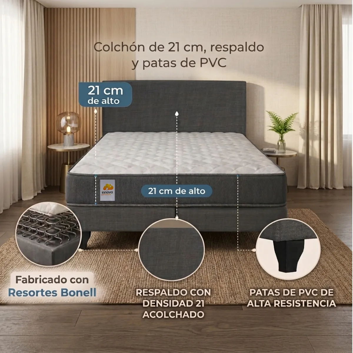 INTERMUEBLES - Cama 2 Plazas Silver + Evo Tela Gris