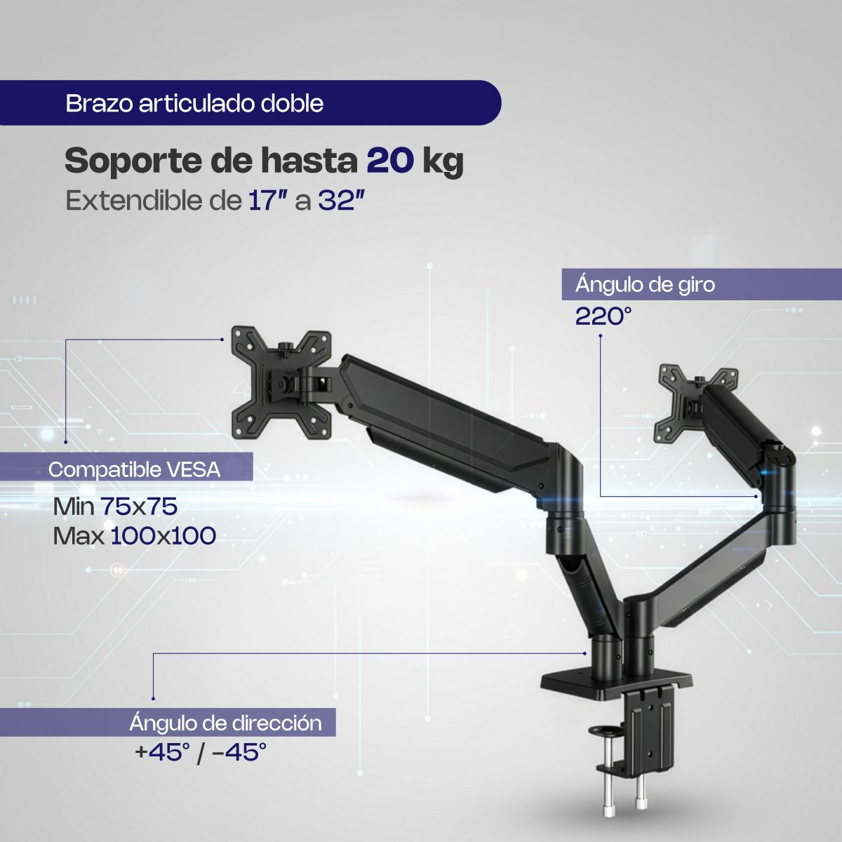 ASIAQUALITY - Brazo Doble Monitor 17-32 VESA 9kg CGestión Cables