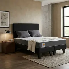 INTERMUEBLES - Cama 2 Plazas Silver + Respaldo Evo Tela Negra