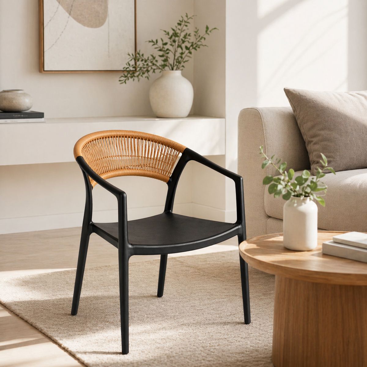 SPACE HOME - Silla Negra Con Respaldo Curvo De Ratán Estilo Nórdico