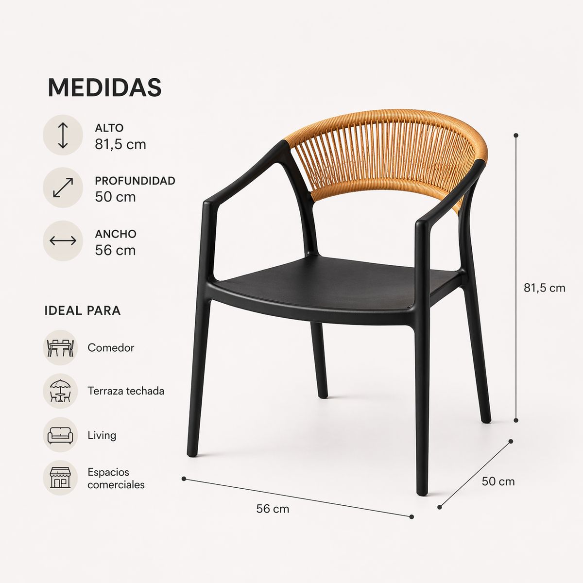 SPACE HOME - Silla Comedor Ratán Negra Con Brazos 56x50x81,5 Cm